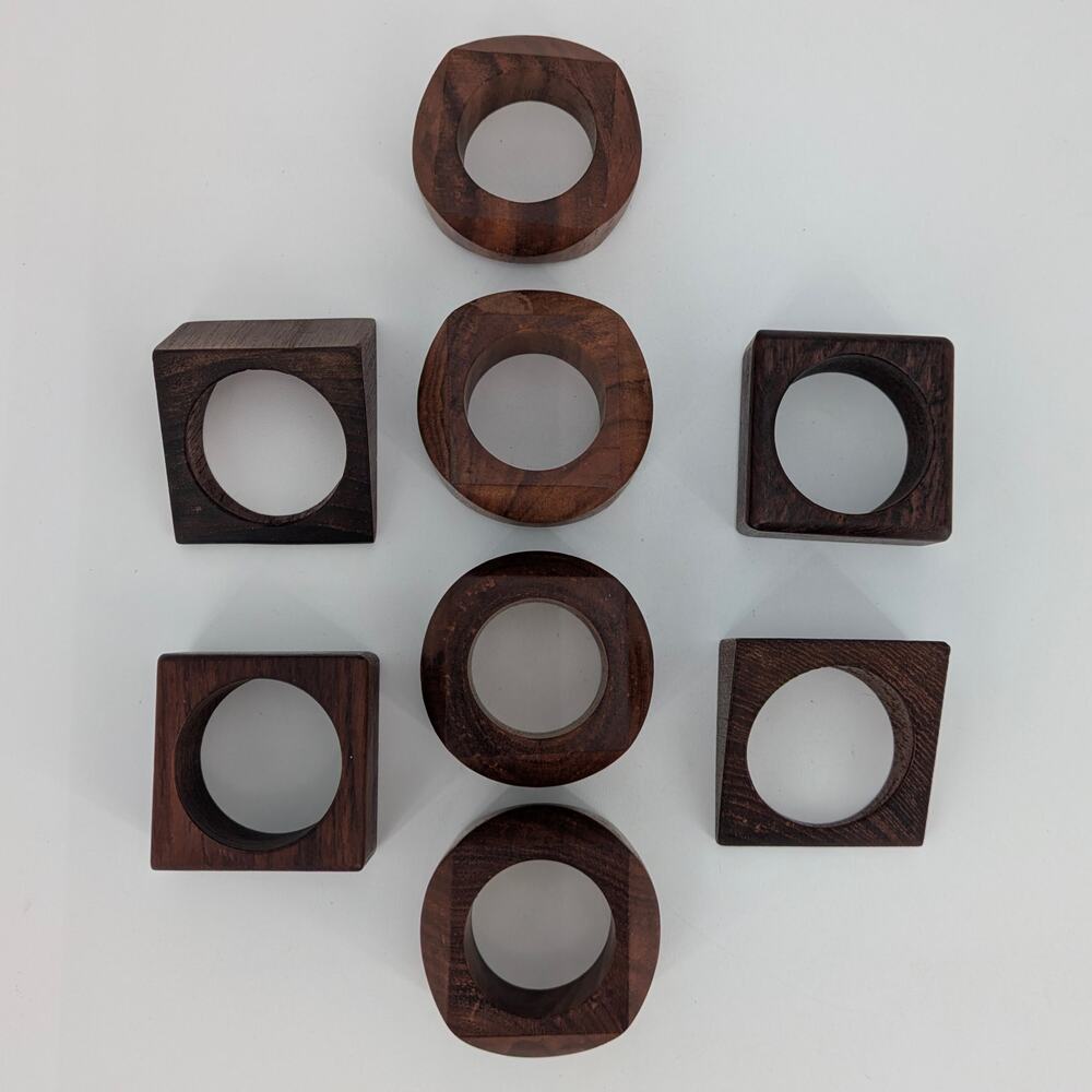 Wood Napkin Rings Set of 8 Faceted Geometric Solid VTG MCM Dinner Table Decor